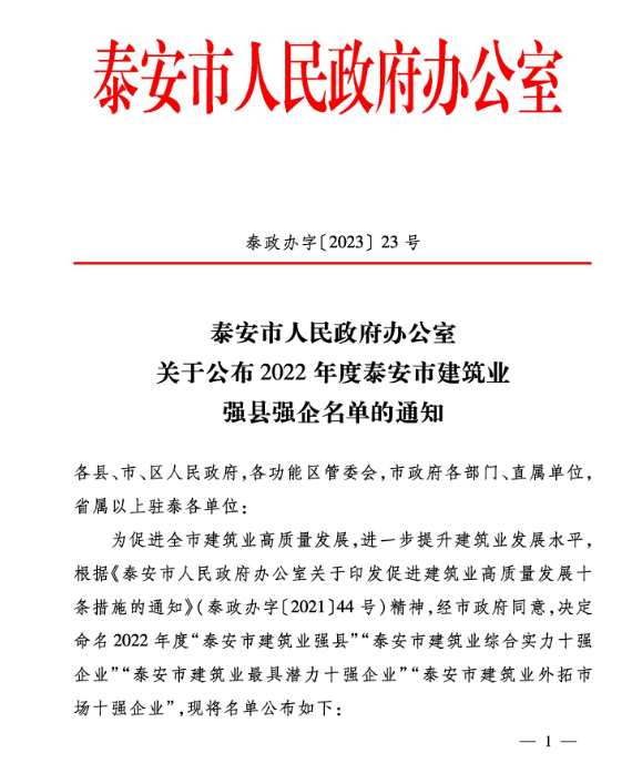 公司 榮獲“泰安市建筑業(yè)綜合實(shí)力十強企業(yè)”、“泰安市建筑業(yè)外拓市場(chǎng)十強企業(yè)”稱(chēng)號